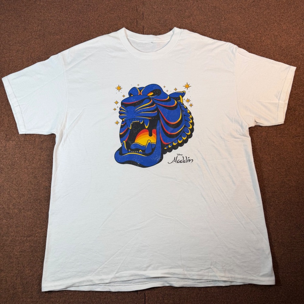 A- Disney Aladdin Cave of Wonders Graphic T-Shirt White Women XL Cave Tiger Head